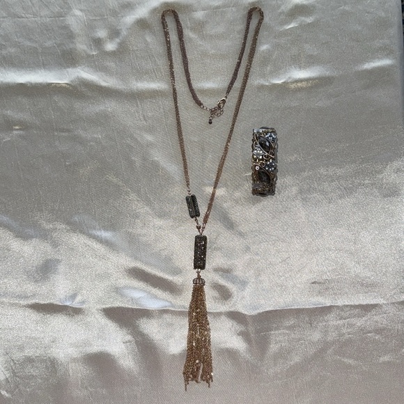 Hematite Encrusted Long Tassel Necklace with Cuff Bracelet Elegant Silver Gold - Picture 12 of 15